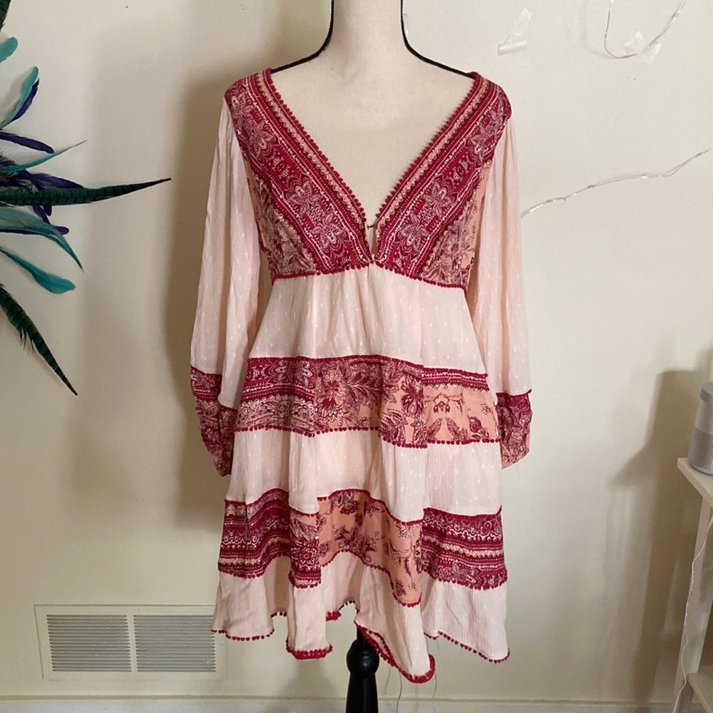 Free People Pink Red babydoll dress with bell sleeves size medium